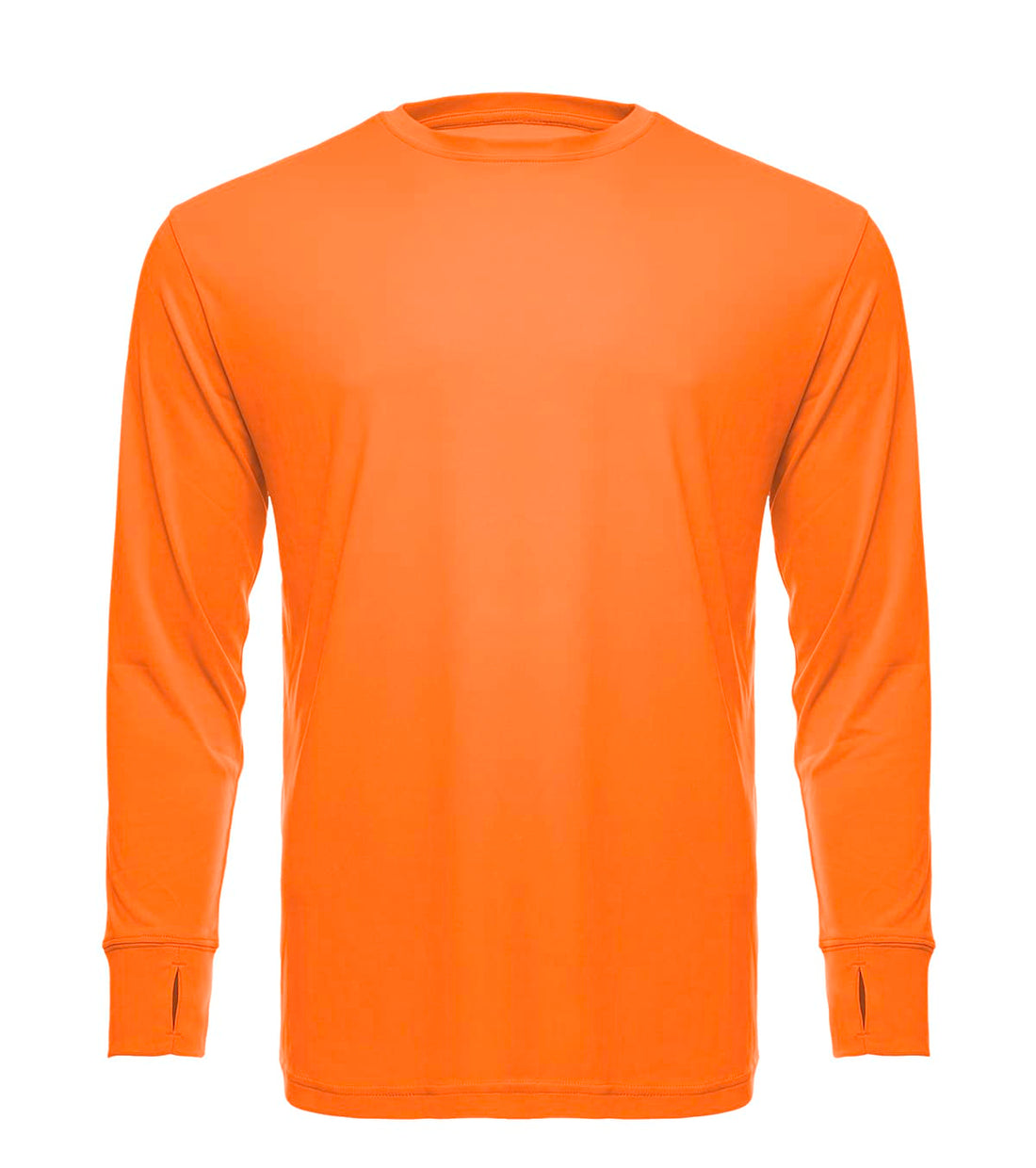 Orange long sleeve UPF 50 performance crew shirt by SpectraUSA, featuring a comfortable fit and construction details.