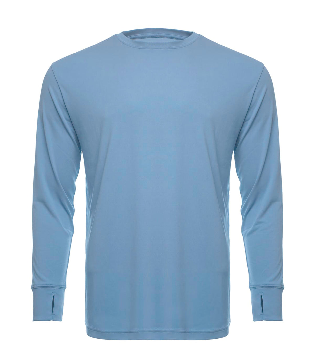 Light blue SpectraUSA UPF 50 performance long sleeve crew shirt with a front view, designed for sun protection and active wear.