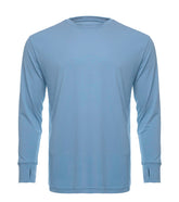 Light blue SpectraUSA UPF 50 performance long sleeve crew shirt with a front view, designed for sun protection and active wear.