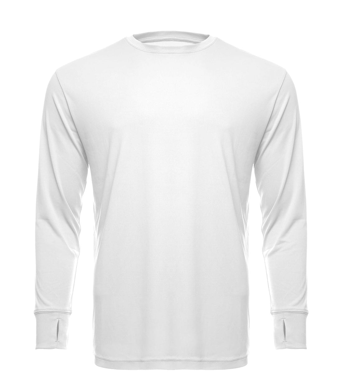 White SpectraUSA UPF 50 performance long sleeve crew shirt, designed for sun protection and active wear.