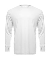 White SpectraUSA UPF 50 performance long sleeve crew shirt, designed for sun protection and active wear.