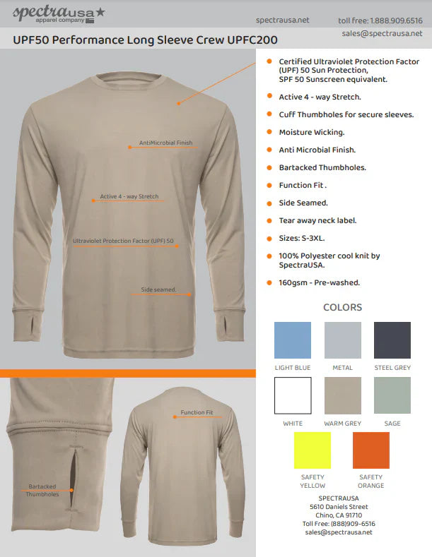 SpectraUSA UPF 50 Performance Crew long sleeve shirt in moisture-wicking fabric, designed for sun protection and active wear.