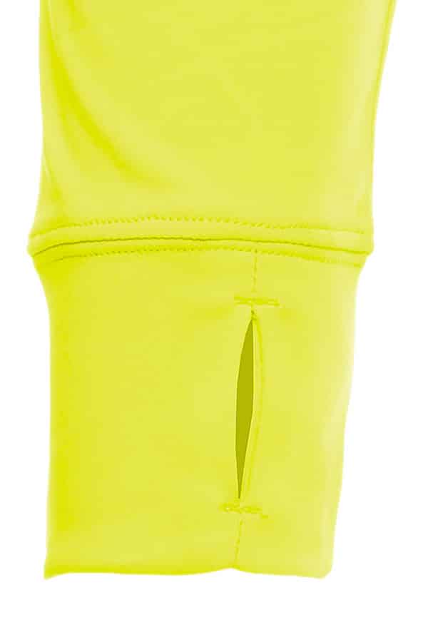 SpectraUSA UPF 50 performance long sleeve hoody in safety yellow with front view and cuff detail.