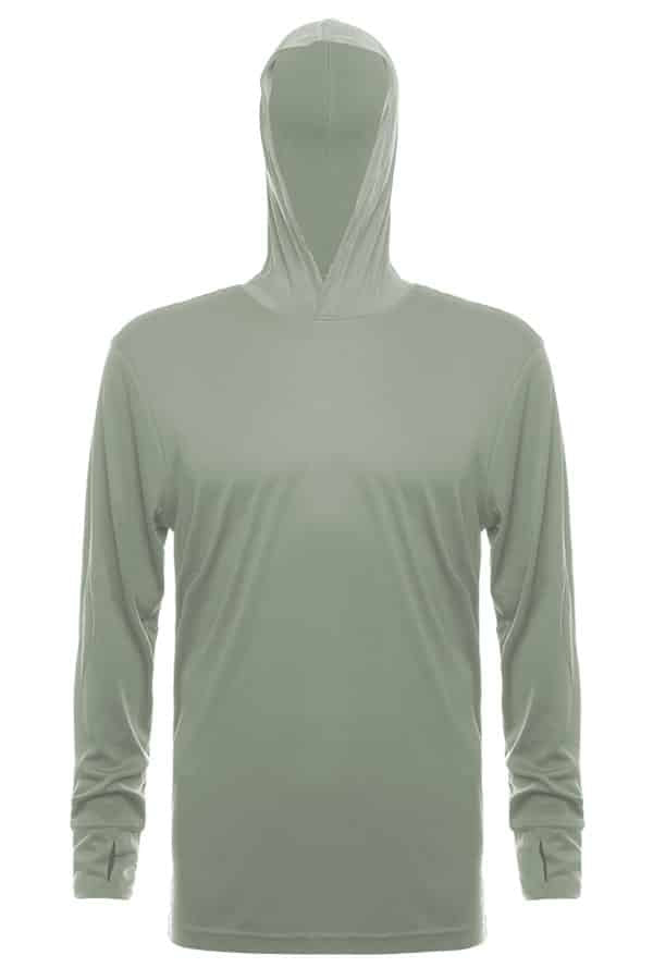 SpectraUSA UPF 50 performance long sleeve hoodie in sage color, front view showing lightweight, breathable fabric and hood.