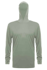 SpectraUSA UPF 50 performance long sleeve hoodie in sage color, front view showing lightweight, breathable fabric and hood.