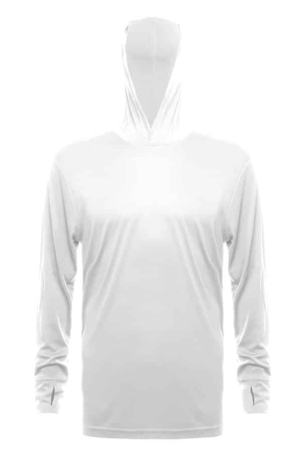 White long sleeve UPF 50 performance hoody by SpectraUSA, front view showing lightweight, breathable fabric and hood design.