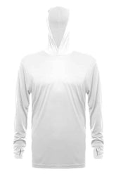 White long sleeve UPF 50 performance hoody by SpectraUSA, front view showing lightweight, breathable fabric and hood design.