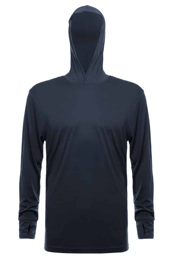 Steel grey long sleeve UPF 50 performance hoody by SpectraUSA with front view, featuring a fitted design and lightweight fabric.