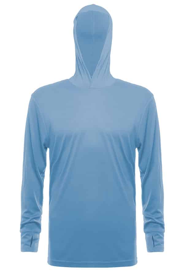 SpectraUSA UPF 50 performance long sleeve hoodie in light blue, featuring a front view with a comfortable fit and athletic design.
