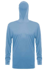 SpectraUSA UPF 50 performance long sleeve hoodie in light blue, featuring a front view with a comfortable fit and athletic design.