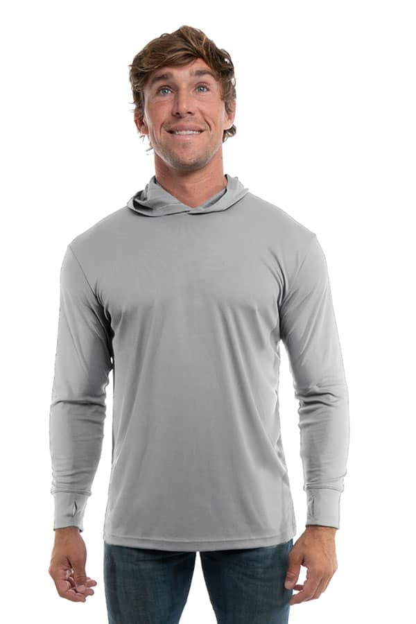 SpectraUSA UPF 50 performance long sleeve hoody with metallic front, designed for sun protection and active wear.