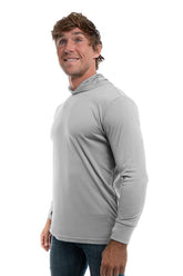 SpectraUSA UPF 50 performance long sleeve hoody in metallic color, designed for sun protection and outdoor activity.