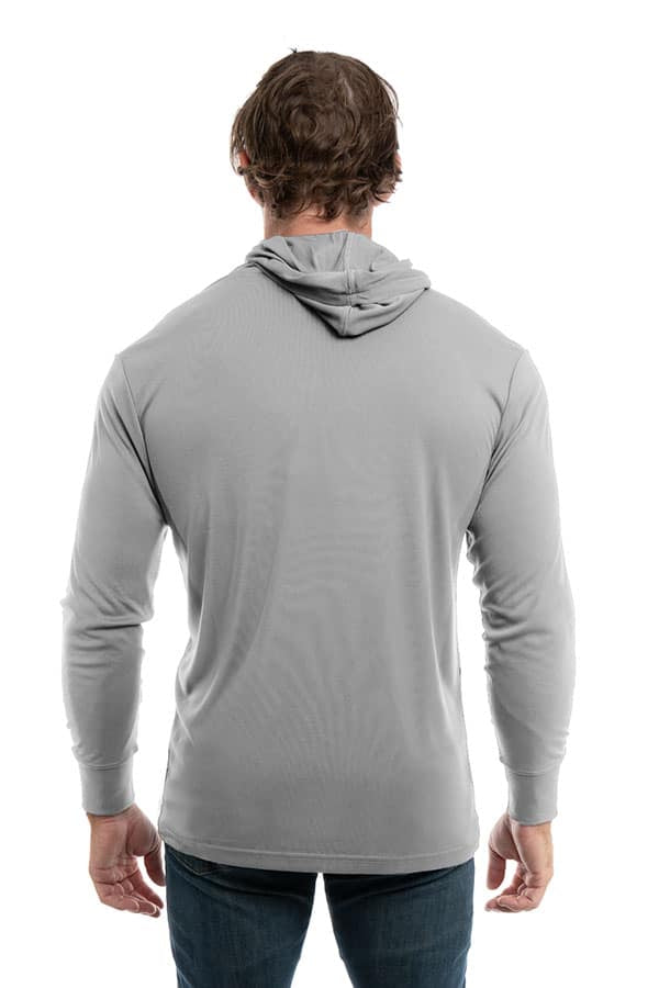 SpectraUSA UPF 50 performance long sleeve hoody with metallic back design, ideal for sun protection and active wear.