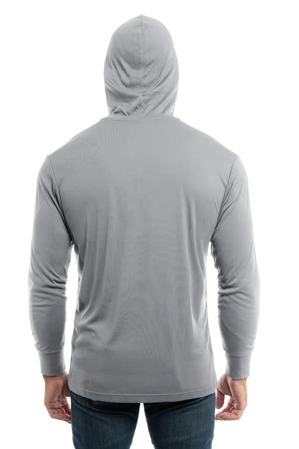 SpectraUSA UPF 50 performance long sleeve hoody with metallic back design, ideal for sun protection and active wear.