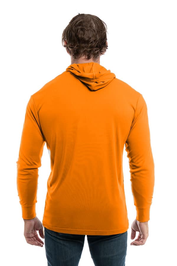 SpectraUSA UPF 50 performance long sleeve hoody in orange, shown from the back on a model, designed for sun protection and active wear.
