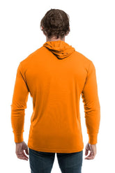 SpectraUSA UPF 50 performance long sleeve hoody in orange, shown from the back on a model, designed for sun protection and active wear.