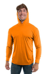 SpectraUSA UPF 50 performance long sleeve hoody in orange, front view showing breathable fabric and sporty design.