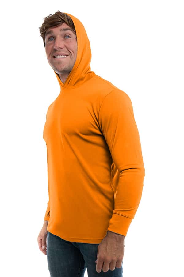 SpectraUSA UPF 50 performance long sleeve hoody in orange, shown from the side, ideal for sun protection and active wear.