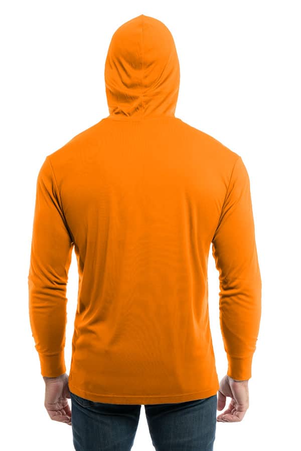 SpectraUSA UPF 50 performance long sleeve hoody in orange with back view, designed for sun protection and active wear.