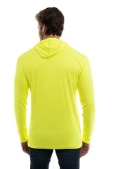 SpectraUSA UPF 50 performance long sleeve hoody in safety yellow with reflective details, back view.
