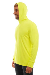 SpectraUSA UPF 50 performance long sleeve hoody in safety yellow, shown from the side view, designed for sun protection and active wear.