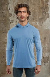 SpectraUSA UPF 50 performance long sleeve hoody in light blue, front view showcasing breathable fabric and athletic fit.