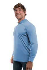 Light blue SpectraUSA UPF 50 performance long sleeve hoody shown from the side, highlighting the fabric and fit.