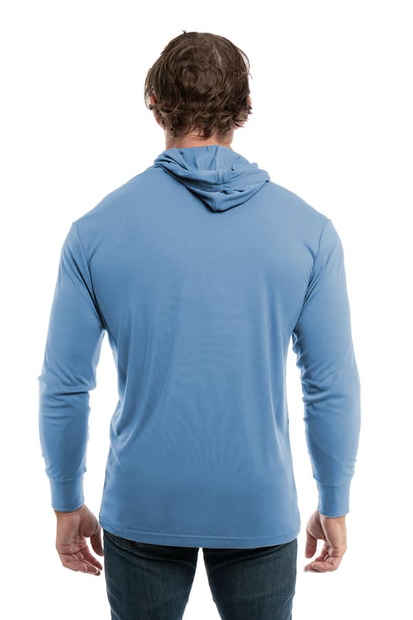 SpectraUSA UPF 50 performance long sleeve hoodie in light blue, shown from the back, designed for sun protection and active wear.