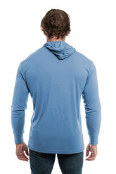 SpectraUSA UPF 50 performance long sleeve hoodie in light blue, shown from the back, designed for sun protection and active wear.