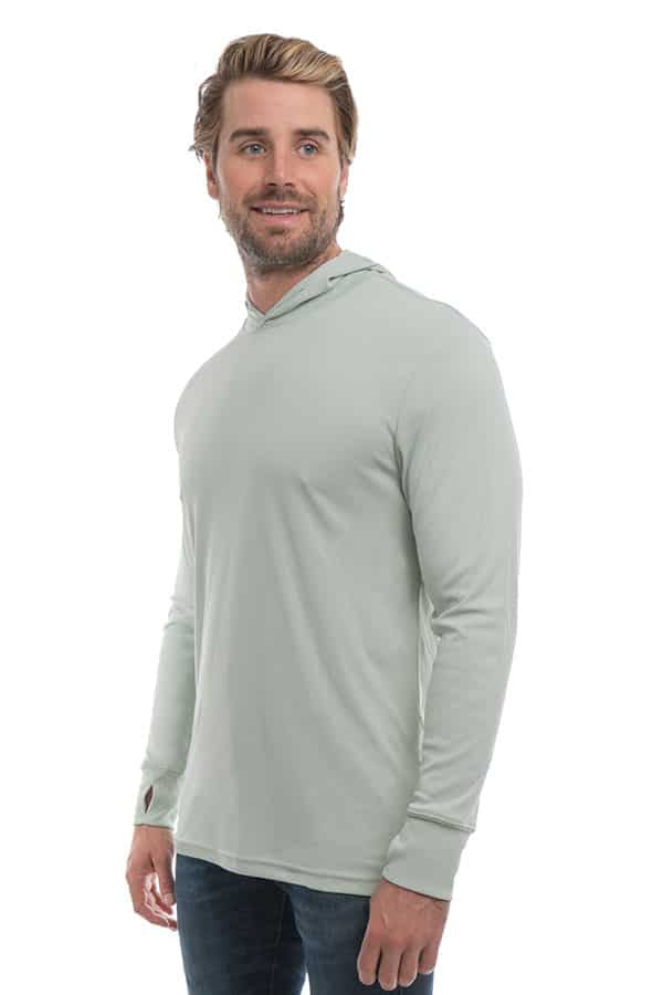 SpectraUSA UPF 50 performance long sleeve hoody in sage color, shown from side view with a fitted athletic fit and moisture-wicking fabric.