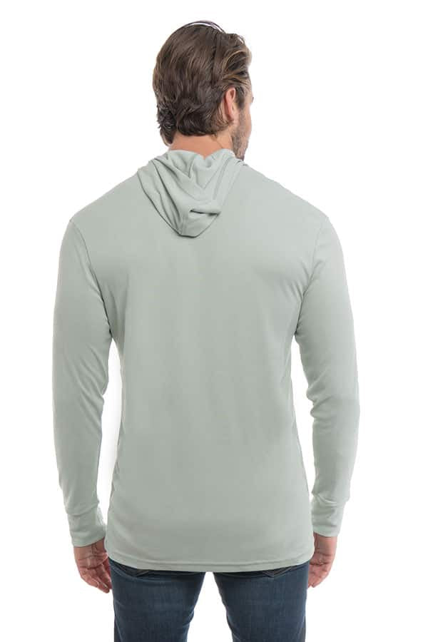 SpectraUSA UPF 50 performance long sleeve hoody in sage color, shown from the back with a fitted design and breathable fabric.