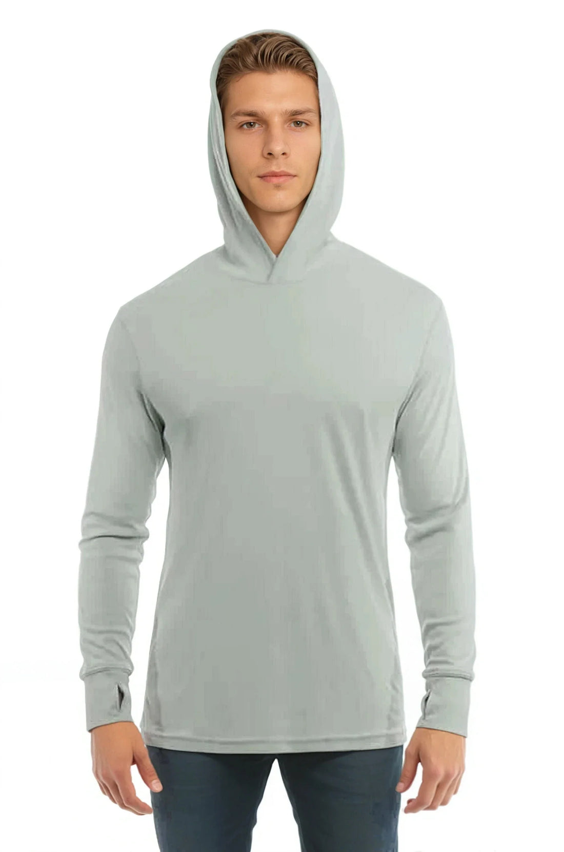 SpectraUSA UPF 50 performance long sleeve hoody in sage color, lightweight and sun-protective for outdoor activities.
