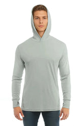 SpectraUSA UPF 50 performance long sleeve hoody in sage color, lightweight and sun-protective for outdoor activities.