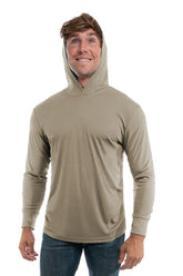 SpectraUSA UPF 50 Performance long sleeve hoody in warm grey, front view showing lightweight, breathable fabric and fitted design.