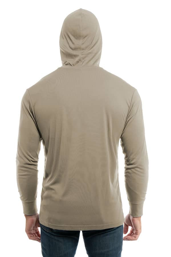 SpectraUSA UPF 50 performance long sleeve hoody in warm grey, showing the back view with a fitted design and lightweight fabric.