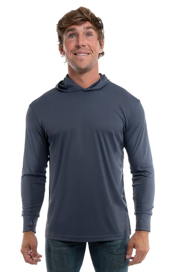 Steel grey SpectraUSA UPF 50 performance long sleeve hoody, front view showing lightweight, breathable fabric and sporty fit.