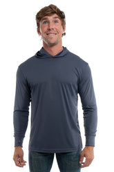 Steel grey SpectraUSA UPF 50 performance long sleeve hoody, front view showing lightweight, breathable fabric and sporty fit.