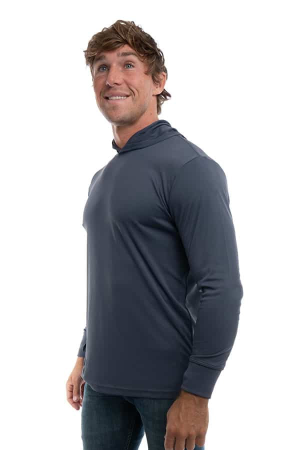 Steel grey SpectraUSA UPF 50 performance long sleeve hoody shown from the side, highlighting its fit and fabric texture.