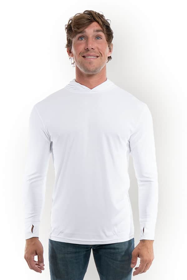 White SpectraUSA UPF 50 Performance long sleeve hoody front view, designed for sun protection and active wear.