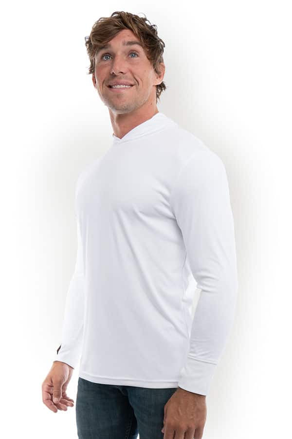 White SpectraUSA UPF 50 performance long sleeve hoody shown from side view, designed for sun protection and active wear.