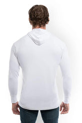 White SpectraUSA UPF 50 long sleeve performance hoody with back view, designed for sun protection and active wear.