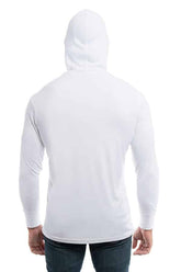 SpectraUSA UPF 50 performance long sleeve hoody in white, back view, designed for sun protection and active wear.