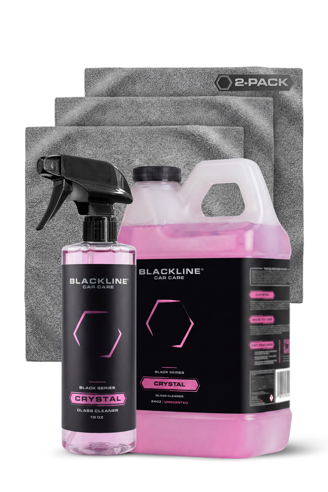 Blackline Car Care BLACKLINE® Crystal Glass Cleaner spray bottle showing clear liquid and spray nozzle for cleaning car windows