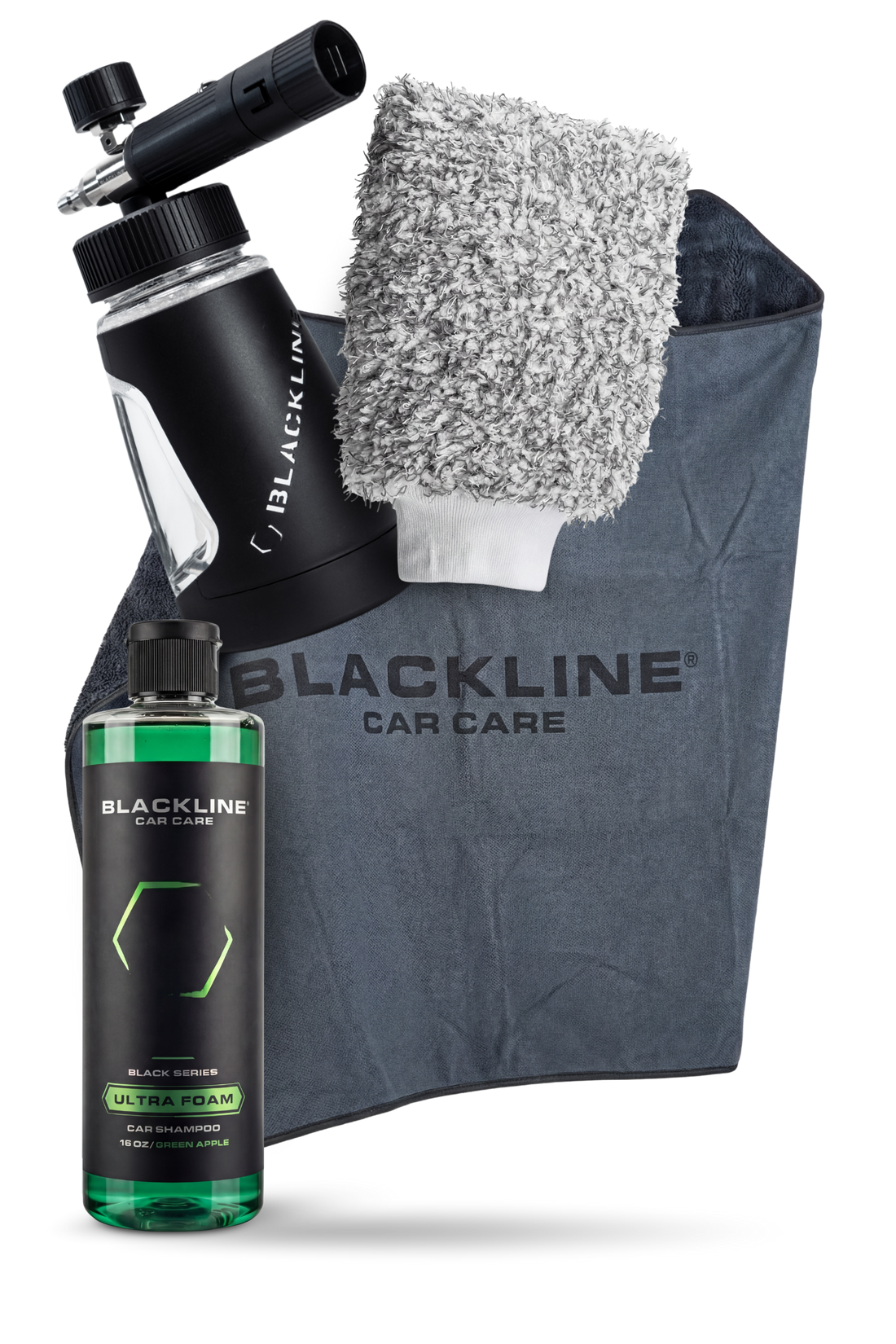 Blackline Car Care BLACKLINE® Ultra Series Foam Cannon attached to pressure washer, showcasing foam output for vehicle detailing.