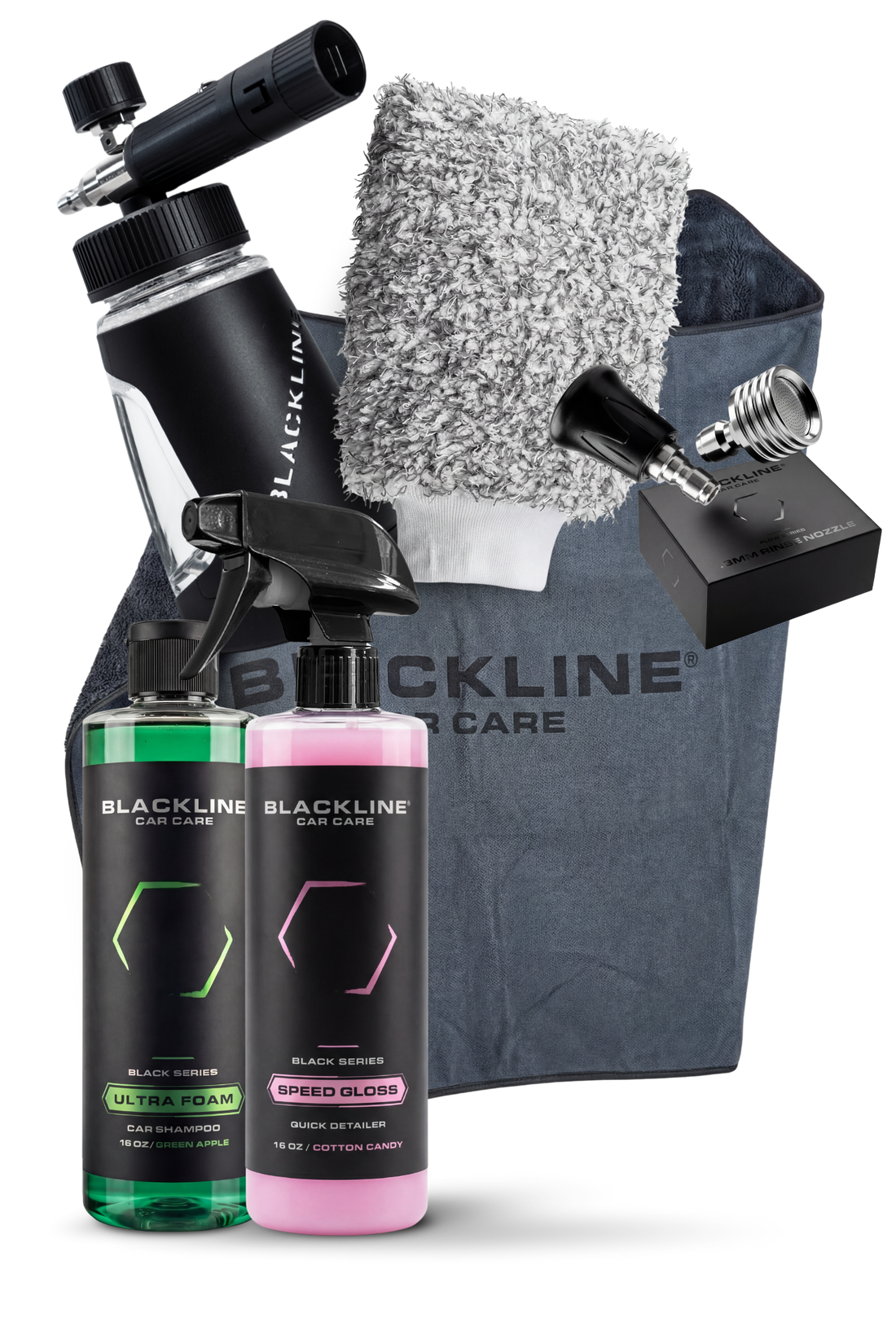 Blackline Car Care BLACKLINE® Ultra Series Foam Cannon attached to a pressure washer for car detailing.