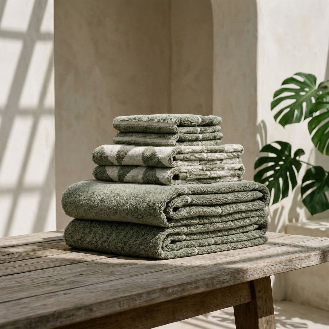 Italic Deia Australian cotton bath towels set in neutral colors, displayed on a bed with a modern Umbra-style design.