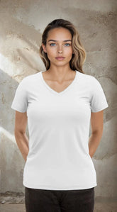 V-neck ladies T-shirt by SpectraUSA featuring a comfortable fit and stylish design, shown in a light color.
