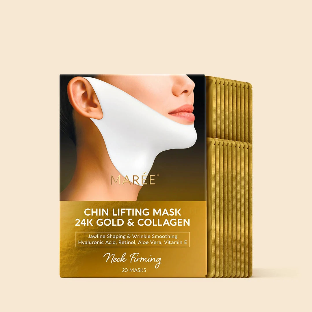 Set of 20 Maree 24K Gold V-Line Lifting Masks, individual sachets with luxurious gold skincare for facial lifting and firming.
