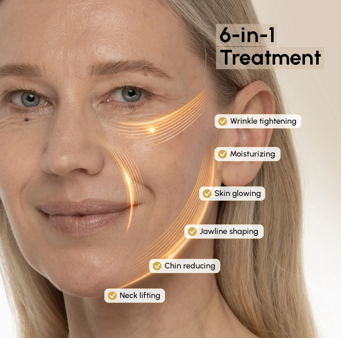 Maree 24K Gold Chin and Jawline Lifting Mask showing the gold-colored mask on a model&