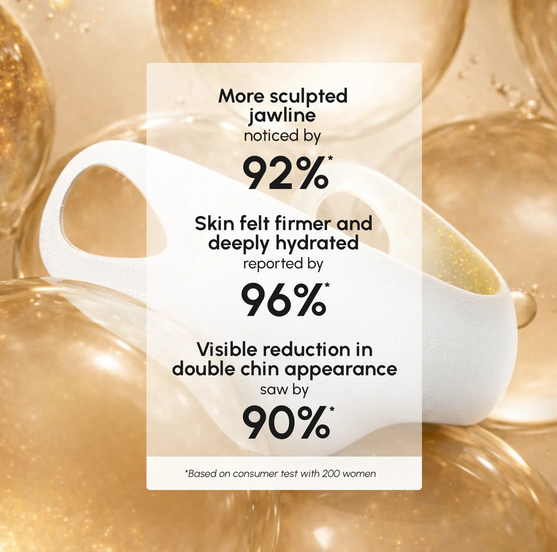 Maree 24K gold chin and jawline lifting mask applied to facial skin, showcasing a luxurious skincare treatment for contouring.